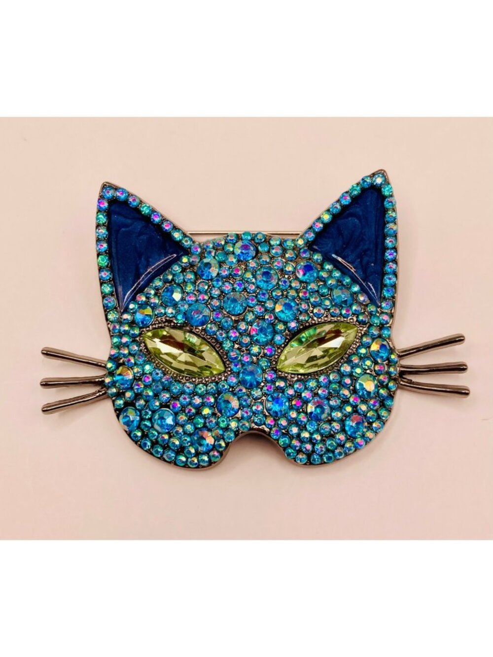 Rhinestone Cat Face Brooch Pin Blue & Green Accents -85B